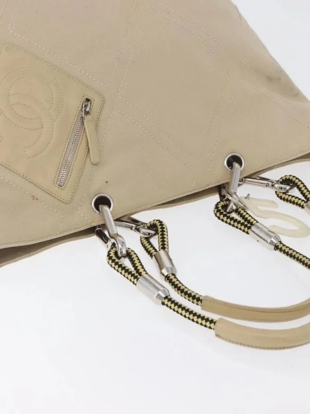 CHANEL Tote Bag No5 Canvas Beige Silver CC Auth 169753